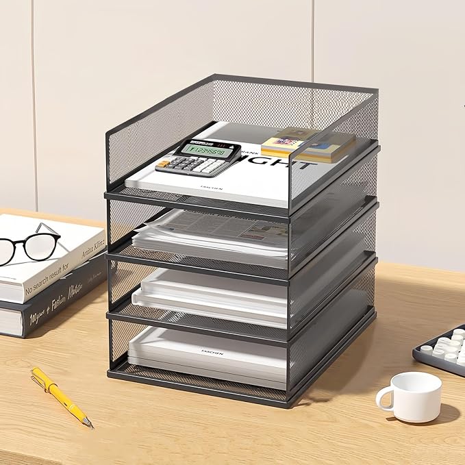 A3 Mesh Desk File Organizer, Stackable Paper Tray，Desktop Document Sorter, File Storage, 3/4/5-Tier Paper Letter Tray Organizer, Desk Accessories & Workspace, Black (4 Tier-Portrait-Black) by wen-liz-US