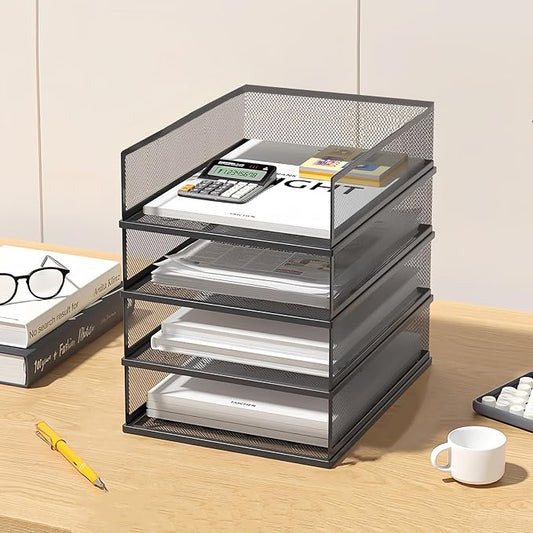 A3 Mesh Desk File Organizer, Stackable Paper Tray，Desktop Document Sorter, File Storage, 3/4/5-Tier Paper Letter Tray Organizer, Desk Accessories & Workspace, Black (4 Tier-Portrait-Black) by wen-liz-US