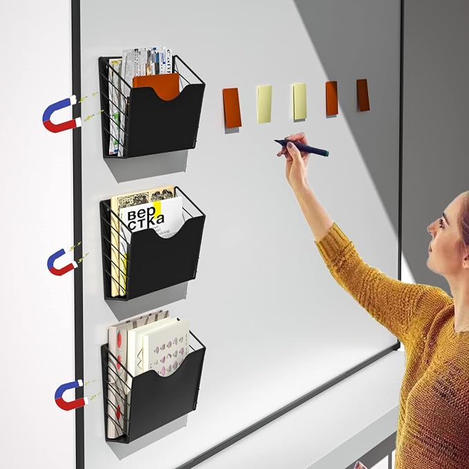 3 Pockets Magnetic File Holder for File Cabinets, Refrigerator, Whiteboard, Paper Organizer, Mail or Folder Holder, Magazine Rack,Wall Mount Hanging Mail Organizer (black) - Image 2