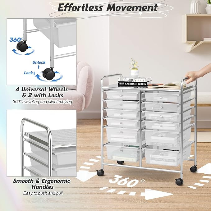COSTWAY 12-Drawer Rolling Storage Cart, Moveable Art Craft Organizer | Lockable Wheels, Metal Shelf, Files Arrangement Tools Makeup Storage Cart for Office, Home, School (Clear) - Image 5