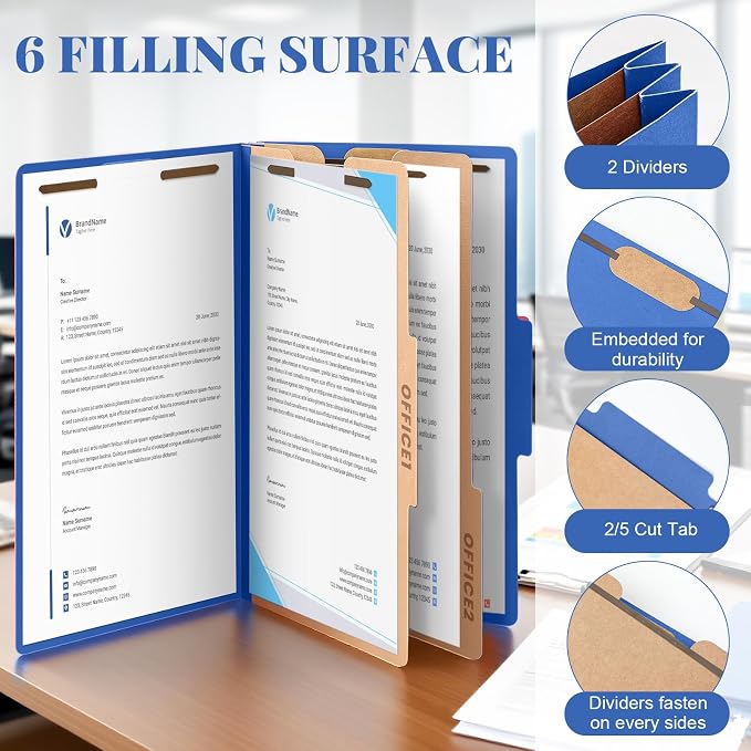 AmazingSpark 12 Pcs Legal Size Classification Folders Bulk 2 Dividers Pressboard File Folder with Expansion 2 Prongs Fastener Heavy Duty Office File Organizer for School Hospitals Home (Dark Blue) - Image 3