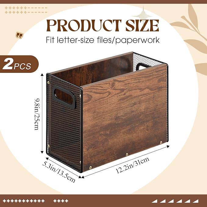 AmazingSpark Wooden Hanging File Organizer Box, 2 Pack Desktop Filing Box with Handles, Solid Wood & Metal File Organizer for Letter Size Hanging Folders, Home Office Storage Decor - Image 2