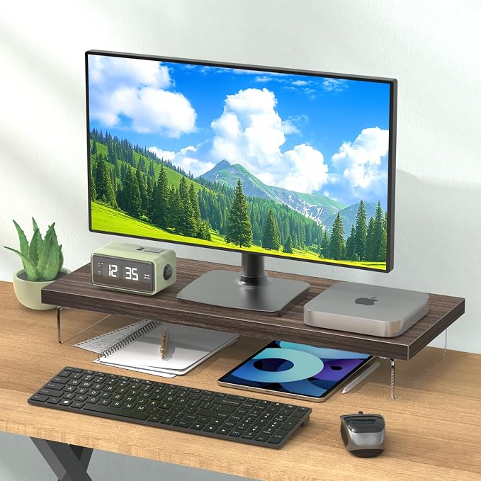 Dual Monitor Stand Riser, 40x10 in Wood & Acrylic Desktop Organizer Shelf | Computer Monitor Stand Riser With Wood & Acrylic Design; Fits 2 Monitors, Laptop, Printer And Desk Supplies For Office Use. - Image 6