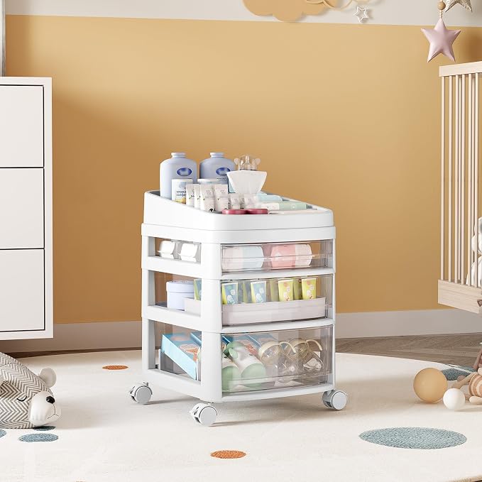 Rolling Cart with 3 Drawers, Clear Plastic Drawer Organizers, Vanity Cart | Dust Proof Under Desk Storage with Dividers for Makeup, Skincare, Art Crafts and Baby Items, Acrylic Cosmetic Organizer - Image 7