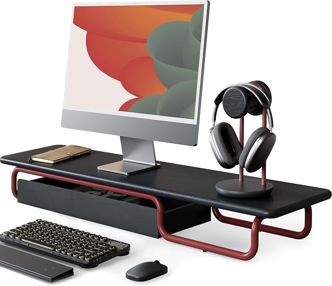 Fenge Solid Wood Monitor Stand Riser with Large Drawer Storage, Black | Fully Assembled, 37.4W x 9.8D x 4.8H, Holds up to 110 lbs, Minimalist Home Office Desk Setup by Fenge