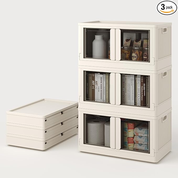 FLEXIMOUNTS 228 QT Stackable Plastic Storage Bins With Lids, Milky White | Collapsible Foldable Storage Bins with Front Doors and Built-in Wheels, Organizers and Storage for Home, Dorm, 3 Pack Cubes by FLEXIMOUNTS