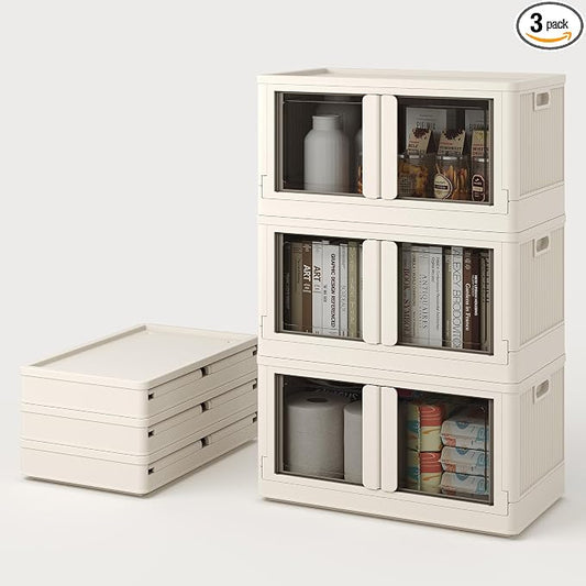 FLEXIMOUNTS 228 QT Stackable Plastic Storage Bins With Lids, Milky White | Collapsible Foldable Storage Bins with Front Doors and Built-in Wheels, Organizers and Storage for Home, Dorm, 3 Pack Cubes by FLEXIMOUNTS