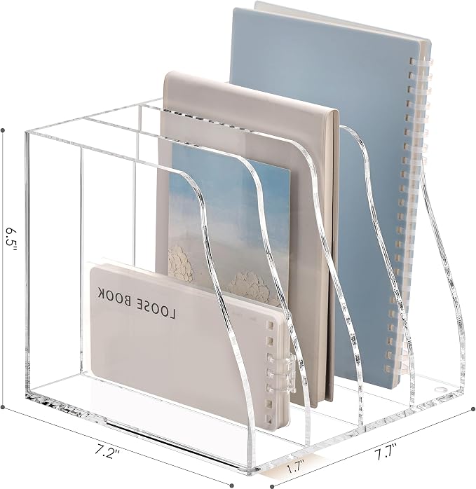 YUXUN Clear Acrylic Desk Organizer for Home Office - 4 Vertical Compartments No Assembly Magazine File Holder, Document Sorter Folder Rack Binder for Classroom Dorm Kitchen, Holds Books & Accessories - Image 6