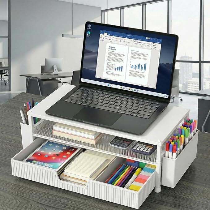 ECOLOVI Desk Organizer and Accessories, 2-Tier Computer Monitor Stand Rise with Storage Drawer & 2 Pen Holders, Laptop & Printer Stand for Desktop, Workspace Organizers for Office Supplies (White) - Image 6