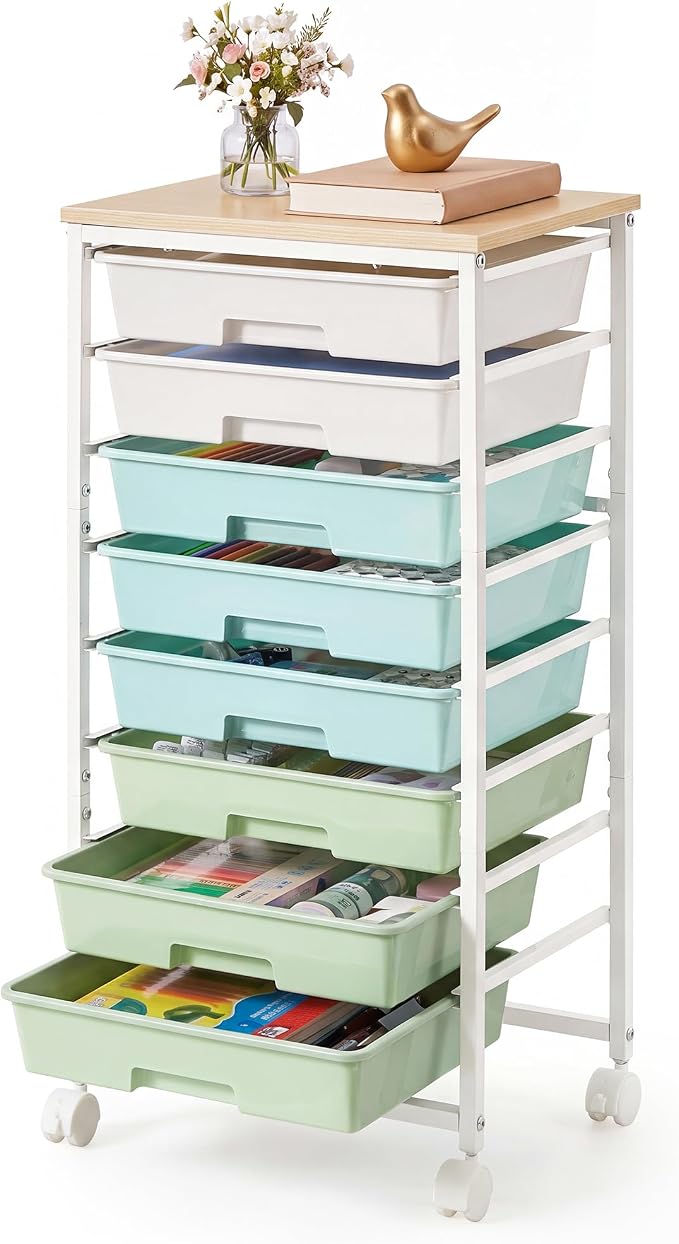 VASAGLE 8-Drawer Rolling Storage Cart, Utility Cart with Wheels and Wood Top, Craft Organizer for Office and Home, 15.6 x 11.2 x 30.1 inch, Green and White, Benco Collection ULRC006C101 by VASAGLEbySONGMICSHOME