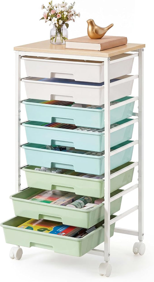 VASAGLE 8-Drawer Rolling Storage Cart, Utility Cart with Wheels and Wood Top, Craft Organizer for Office and Home, 15.6 x 11.2 x 30.1 inch, Green and White, Benco Collection ULRC006C101 by VASAGLEbySONGMICSHOME