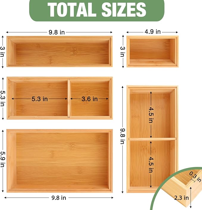 Bamboo Drawer Organizer,5 PCS Silverware Organizer & Kitchen Organizers and Storage,Utensil Drawer Organizer With Removable Dividers for Kitchen,Utensils,Bathroom,Office,Makeup(Natural) - Image 2