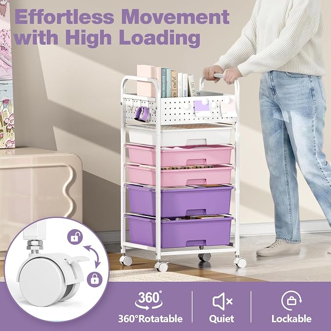 5 Drawer Rolling Storage Cart with Pegboard Top and Hooks, Dreamy Color | Mobile Organizer Cart with Wheels for Office Supplies, Craft Storage, Classroom Organization, Home Utility Cart - Image 5
