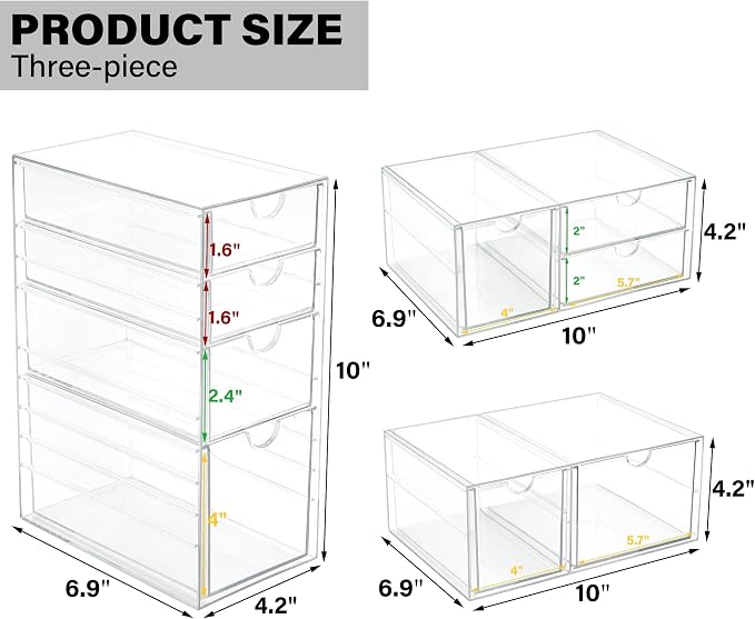 Prsildan Acrylic Drawer Makeup Organizer with 9 Drawers, Set of 3 Office Desk Organizers Accessories, Clear Stackable Storage Drawers for Vanity, Countertop, Craft, Jewelry, Art Supply Organization - Image 3