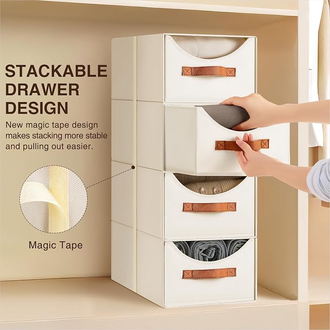 Stackable Storage Drawers - Collapsible Storage Bins with Drawers, 6 Pack Closet Shelf Organizer Basket, Fabric Pull Out Organizer for Bedroom, Living Room, Dorm, Beige - Image 4