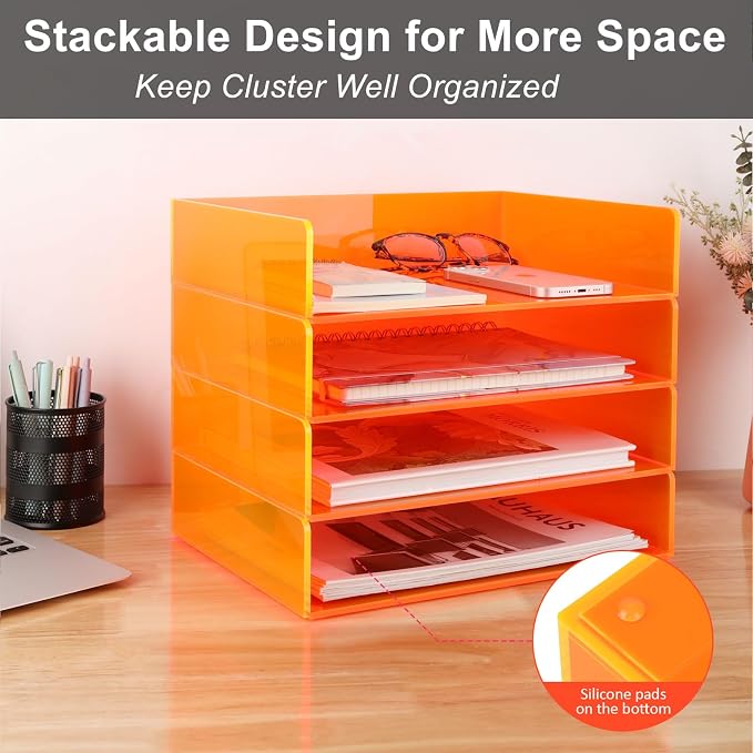 Gelite Acrylic File Organizer for Desk 4 Tiered Stackable Letter Tray Office Paper Storage Desktop Document Sorter, Neon Orange - Image 6