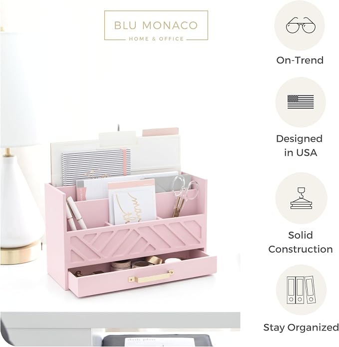BLU MONACO | Pink Desk Organizers Wooden Mail Organizer with Drawer | Mail Sorter Organizer Countertop Gold Handle | Desk Organizers and Accessories Pink Office Storage - Image 4