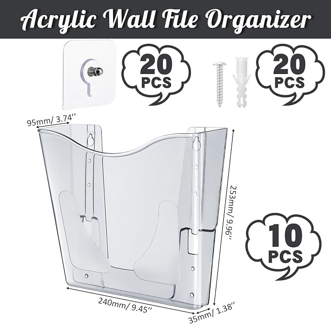 RattanView 10 Pack Acrylic Wall Pocket File Holders Single Pocket Wall Mount File Organizer Hanging Mail Magazines Organizers for Office Home Classroom(Transparent Black) - Image 2