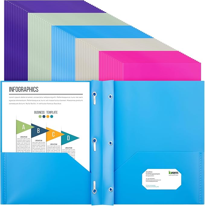 Cholemy 72 Packs Pocket Folders with Prongs Heavy Duty Plastic Folder with Business Card Slot 3 Prong Fasteners for School Office (Soft) by Cholemy