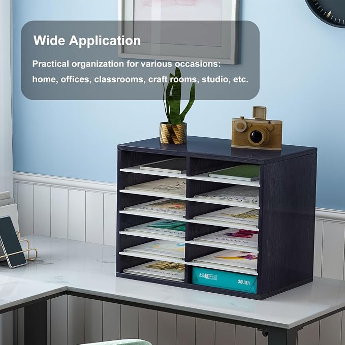 Countertop Mail Sorter Organizer, Wooden Literature Organizer, Student Mailbox for Classroom, Desktop Bill Organizer for Office Home School, 12 Compartments, Black&White - Image 5