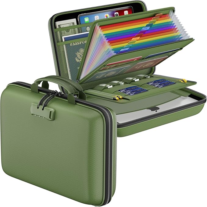 DocSafe Fireproof File Organizer with Lock, Hard-Shell Case Fireproof Document Box with 13 Pocket Accordion File Folder, Portable Home Office Travel Safe Storage for Important Documents Laptop Green by DocSafe