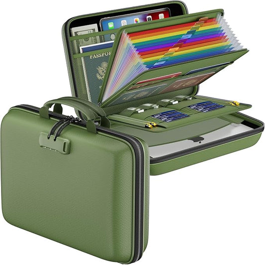 DocSafe Fireproof File Organizer with Lock, Hard-Shell Case Fireproof Document Box with 13 Pocket Accordion File Folder, Portable Home Office Travel Safe Storage for Important Documents Laptop Green by DocSafe