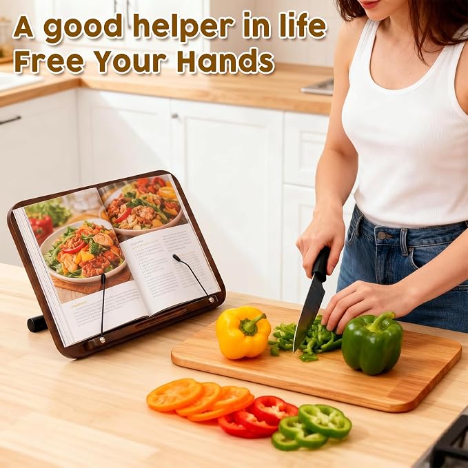 2 in 1 Dual-use Music Stand & Desktop Book Stand, Adjustable Height 16.5"-51", 100% Solid Wood Laptop Floor Stand Book Holder with Elastic Page Clips for Cookbooks (Black Walnut) - Image 7