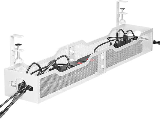 Under Desk Cable Management Tray White, Litwaro Cable Management Under Desk No Drill, 25'' Cable Tray with Clamp for Wire Management, Cord Organizer for Office, Home - No Damage to Table by Litwaro