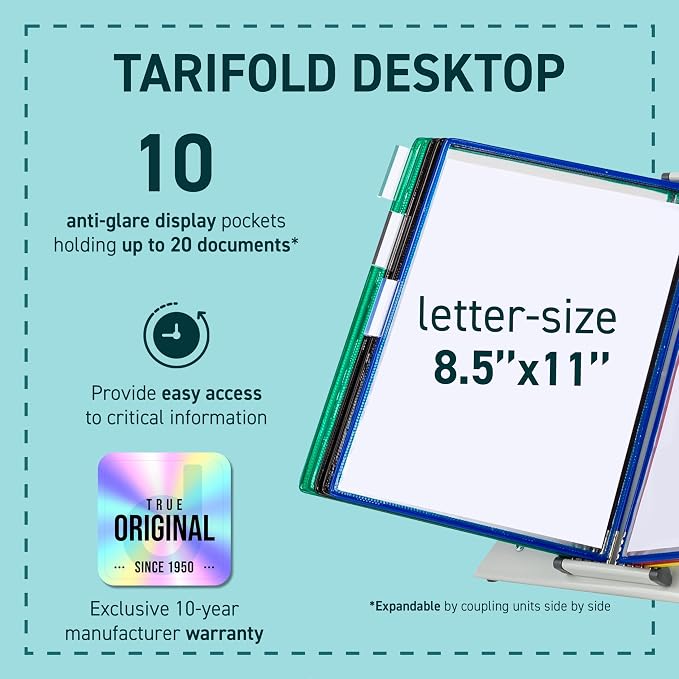 Tarifold Desktop Reference Display System, 10 Pockets, Expandable, Assorted | 10 double-sided PVC pockets, holds 20 letter-size sheets, sturdy metal base, quick-find indexing, quick and easy to assemble - Image 2