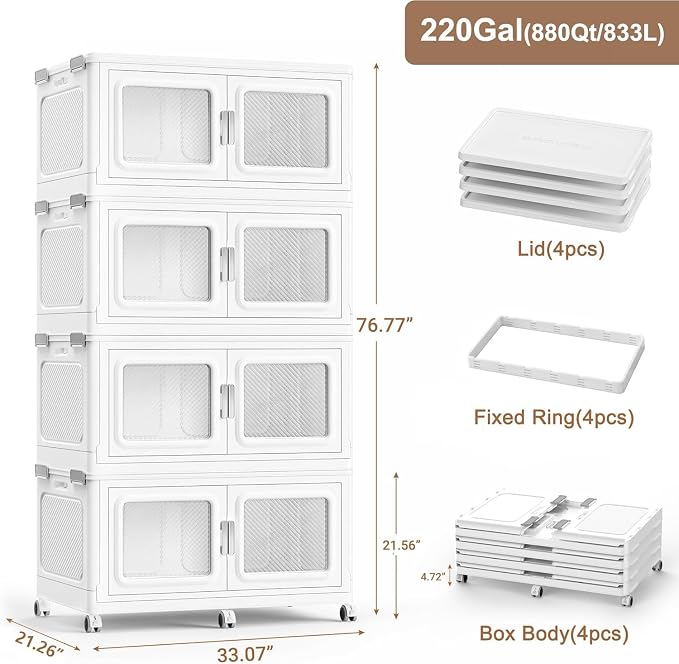 BROVIEW 880 Qt/220 Gal Stackable Storage Bins with Lids, 4 Pack, White | Large Stackable Storage Boxes w/ 4 Lid Folding Plastic Cart Organizer for Home Kitchen, Open Front Clear Door with Wheels - Image 2