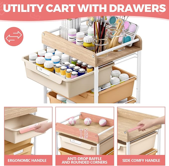 Utility Cart with 6 Drawers, Art Cart for Teacher Kid, Rainbow | Rolling Storage Cart for Crafters Artists Student Storage Arts Crafts & Study Supplies in Craft Room Dorm Classroom Kids Room - Image 5