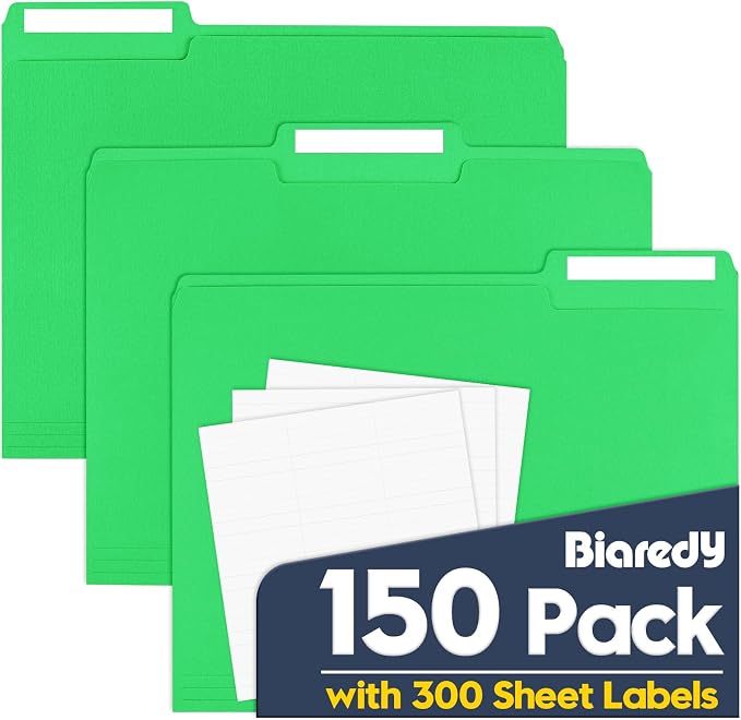 File Folders,150 Pack Letter Size Colored File Folders,8.5" x 11",1/3 Cut Tab,Durable Paper Bulk Folders with Blank Labels,File Folders for Office Business School Home Use,Grass Green by Unknown