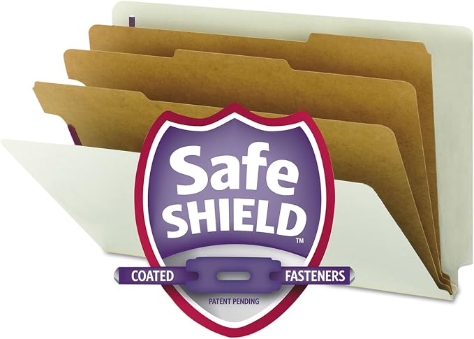 Smead 100% Recycled End Tab Pressboard Classification File Folder with SafeSHIELD Fasteners, 3 Dividers, 3" Expansion, Legal Size, Gray/Green, 10 per Box (29820) by SMEAD