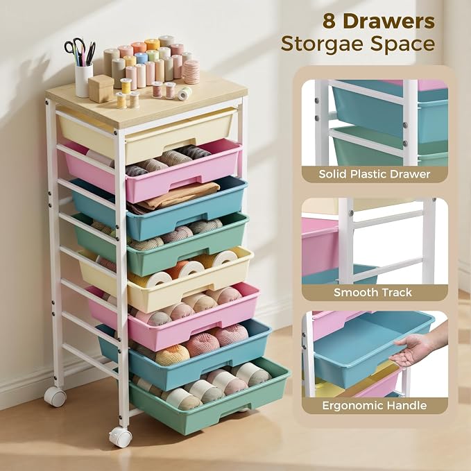 Rolling Cart with 8 Drawers, Plastic Drawer Storage Carts with Wheels & Wooden Tabletop, Metal Utility Cart Organizer for Bedroom Living Room Office Classroom Craft Organization and Storage, Colorful - Image 4