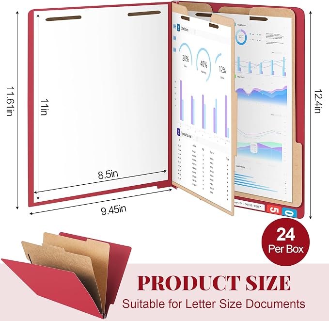 Skyygemm 24 Pack Classification Folders, Letter Size,2 Dividers,Dark Red | Pressboard File Folders, 2 Prong Fasteners, 2" Expanding, Manila, End Tab, for Office School Legal Records Medical - Image 2