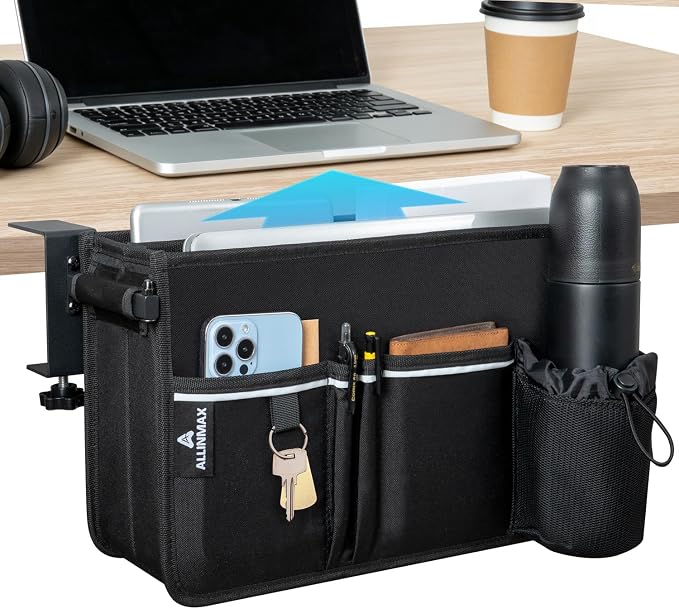 Side Desk Laptop Holder for Up to 3 Laptops, Side Desk Organizer with Adjustable Divider & Bottle Pocket, Soft-Lined Interior, Clamp Mount Side Desk Storage, Fits 0.6″-3.2″ Flat Edge by Unknown