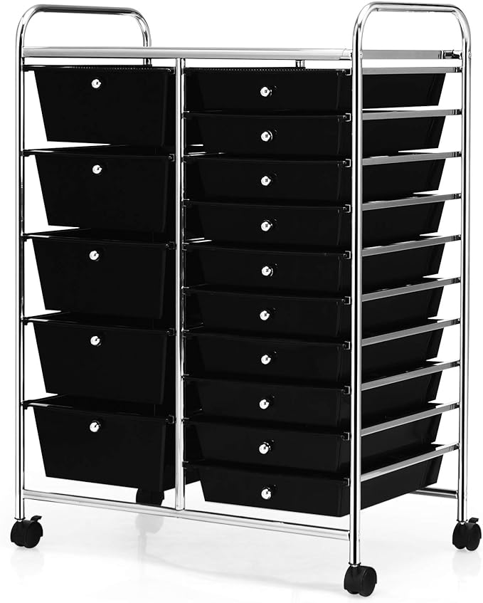 GOFLAME 15-Drawer Rolling Storage Cart, Craft Storage Cart with Removable Drawers & Lockable Wheels, Art Cart Supply Storage Organizer for Home Office Classroom, Black by GOFLAME