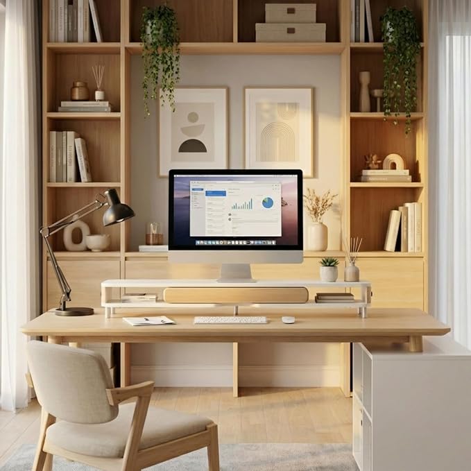 Fenge Dual Monitor Stand with Large Storage Drawer, 42.5" Dsek Shelf, White | Slide-Out Drawer with Wood Grain Finish, Ergonomic Monitor Riser, Aluminum leg, 2-Tier Desk Organizer for Laptop, TV, PC - Image 8