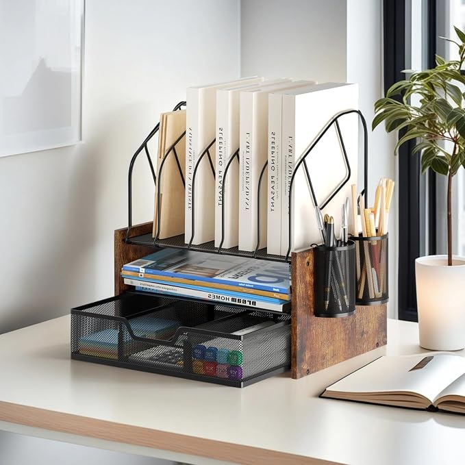Desk Organizer with Drawer, Desktop File Organizer and Paper Tray Organizer with Vertical File Holder, Office Desk Accessories for Mail, Documents, Papers, Notebooks and Home Office Storage - Image 6