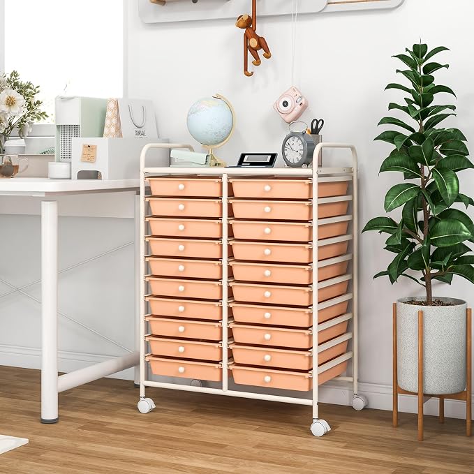 GOFLAME 20-Drawer Rolling Storage Cart, Multifunctional Art Craft Organizer Cart, Mobile Utility Storage Cart with Removable Drawers & Lockable Wheels, Craft Cart for Home Office, Peach Fuzz - Image 9