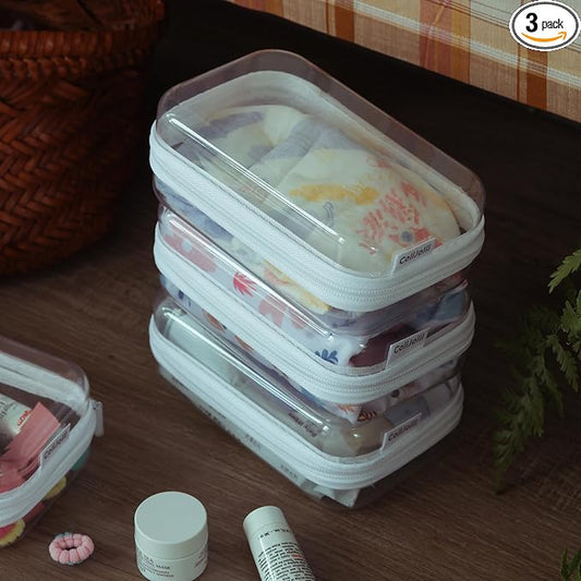CoiiJoii Zippered Pouch Hard, Clear Zippered Hard Pouch, Stackable Storage Bins, Portable Clear Bin Zipper (White, Small) by CoiiJoii