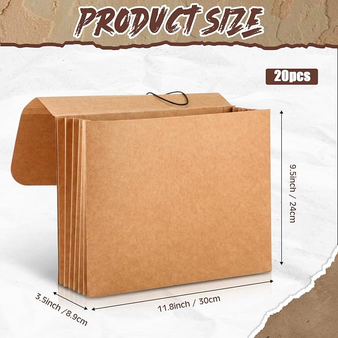 Handepo 20 Pack 11.8x9.5in Expanding File Wallet with Flap and Cord Closure, Letter Size Expanding File Folder Pocket 3.5'' Expansion Kraft Color Document Organizer for Office Supplies, Home - Image 2