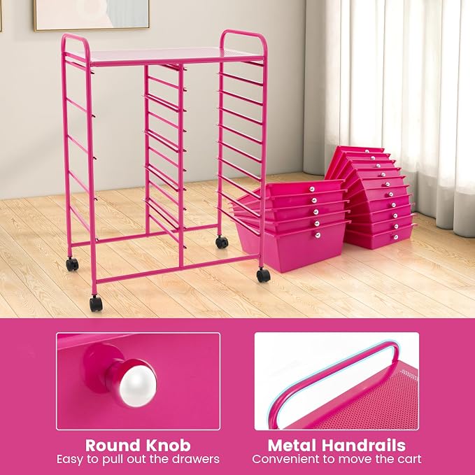 DORTALA 15-Drawer Rolling Storage Cart with Drawers, Rolling Utility Cart w/Removable Drawers & Universal Wheels, Tools Scrapbook Paper Organizer for School, Office, Home, Classroom (Hot Pink) - Image 5