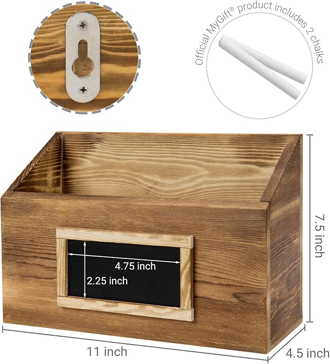 MyGift Rustic Burnt Wood Wall Mounted Mail File Magazine Holder Set of 2 | Burnt Wood Finish, Chalkboard Label, Space Saving Storage, Entryway Organization, Office Document Sorting, Farmhouse Style - Image 4