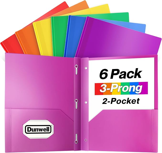 Dunwell Plastic 2-Pocket Folders with 3 Prongs, Assorted, 6 Pack | Tear-Resistant Acid-Free Poly, 3-Clasp Folders with Fasteners, Includes Labels by Dunwell