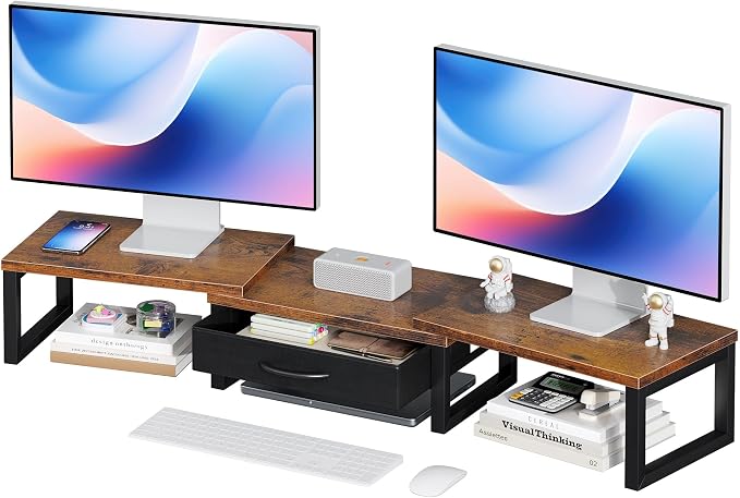 Desk Organizers and Accessories, Dual Monitor Stand Riser with Drawer, Computer Monitor Stand, Adjustable Desk Shelf for PC Laptop Printer TV, Brown by Unknown