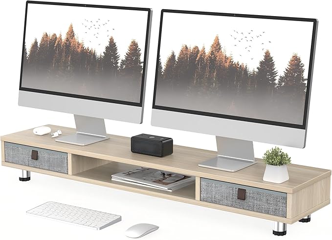 Fenge Dual Monitor Stand, 2-Tier Desk Organizer with Drawers, 42.5in, Oak | Storage Fabric Drawer, Ergonomic Height Adjustable, Desk Shelf for Top of Desk, Laptop, PC, TV, Home Office Organization by Fenge