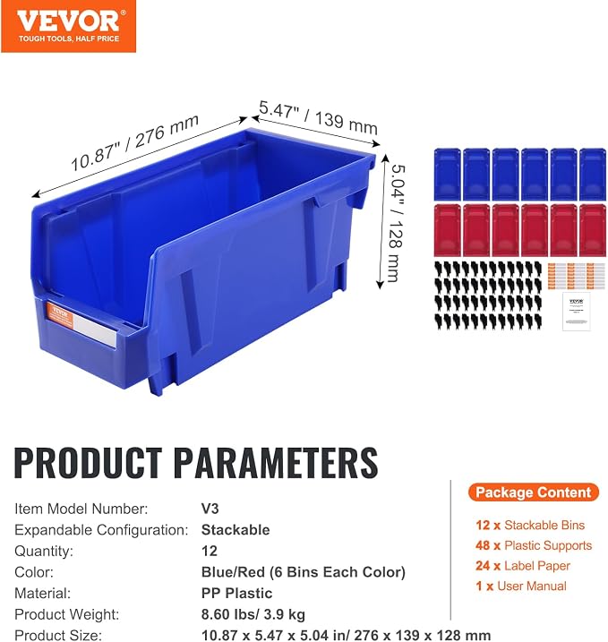 VEVOR Plastic Storage Bins 12 Pack (11 x 5 x 5-Inch), Hanging Stackable Storage Organizer Bins, Heavy Duty Stacking Containers for Closet, Garage, Office, Home, Pantry or Small Parts Organization - Image 7