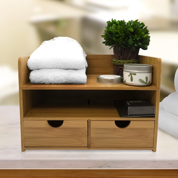 Sorbus Bamboo Desk Organizer - 3-Tier 100% Bamboo Desktop Organizers – Mini Bamboo Desk Drawer Tabletop Storage Box Countertop Organization 3 Drawers & Shelf - Office, Makeup Vanity, Fully Assembled - Image 6