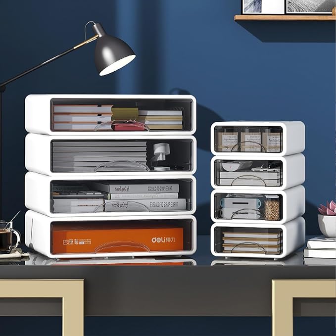 Desk Organizer with Drawers, Stackable Storage Drawers with Compartments Desktop Organization for Office Supplies, Makeup, Pencils, Tape, Erasers, Paperclips, Chargers (White 2S2M) - Image 2